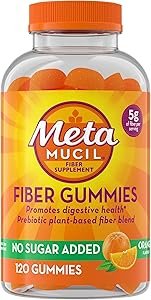 Metamucil Fiber Gummies for Adults, No Sugar Added Orange Flavor, 5g Prebiotic Plant Based Fiber Supplement Blend, 120 Count