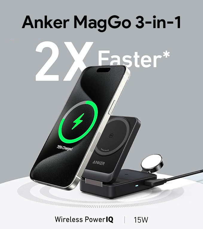 Anker MagGo 3-in-1 iPhone 16 Charging Station, MagSafe-Compatible Wireless Charger Stand